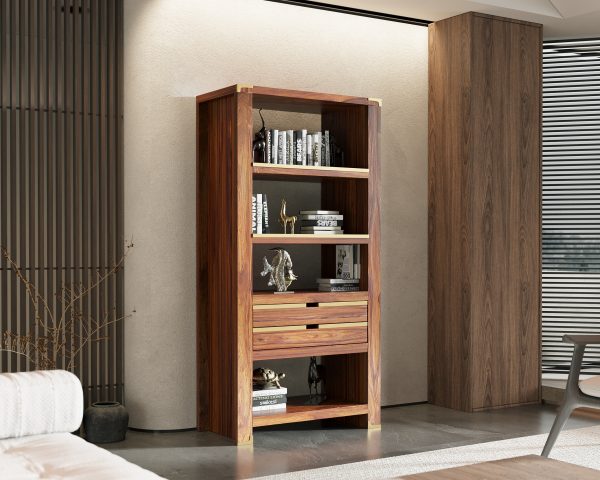 Suryavanshi Mango Wood Bookshelf with Brass Inlay – Elegant Storage and Display (35.5D x 120W x 118H)