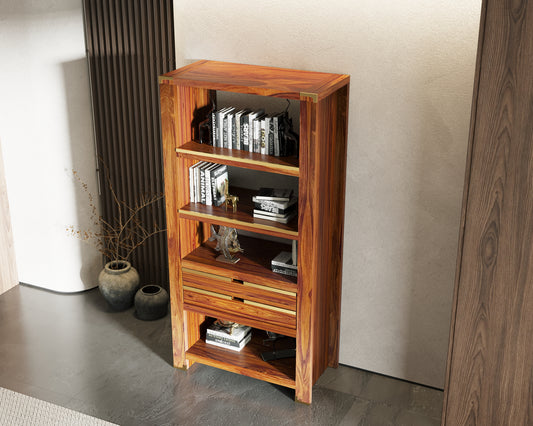 SURYAVANSHI Mango Wood Bookshelf with Brass Inlay – Elegant Storage and Display (35.5D x 120W x 118H)