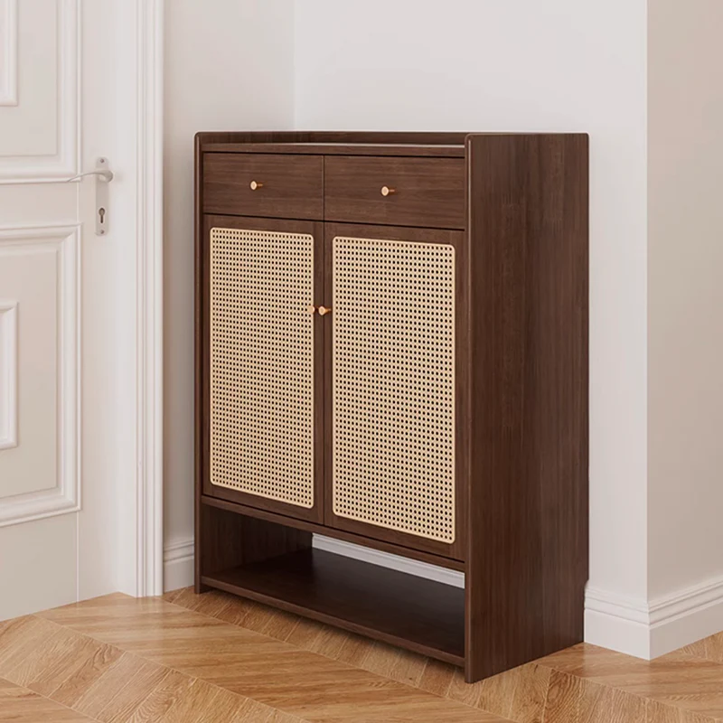Suryavanshi Wooden Shoe Cabinet with Cane Webbing Doors, 2 Drawers, Open Shelf, Sheesham Wood