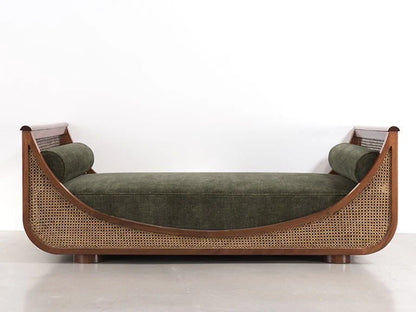Luxury Handcrafted Sheesham Wood 2 Seater Cane Sofa with Olive Green Upholstery