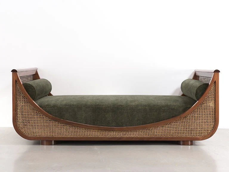 Luxury Handcrafted Sheesham Wood 2 Seater Cane Sofa with Olive Green Upholstery