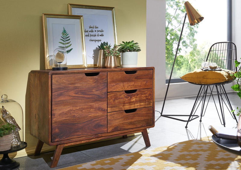 Suryavanshi Sheesham Wood 3 Drawer 1 Door Sideboard – Dark Wood with Natural Finish – Compact and Stylish Storage Furniture (Sheesham Wood, W90 D40 H65 cm)