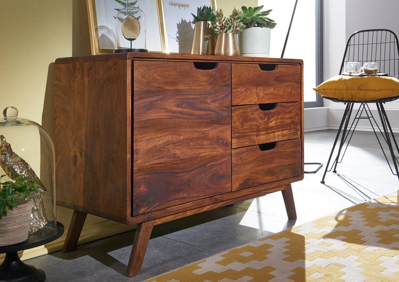 Suryavanshi Sheesham Wood 3 Drawer 1 Door Sideboard – Dark Wood with Natural Finish – Compact and Stylish Storage Furniture (Sheesham Wood, W90 D40 H65 cm)