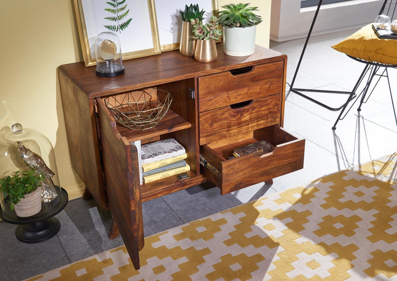 Suryavanshi Sheesham Wood 3 Drawer 1 Door Sideboard – Dark Wood with Natural Finish – Compact and Stylish Storage Furniture (Sheesham Wood, W90 D40 H65 cm)