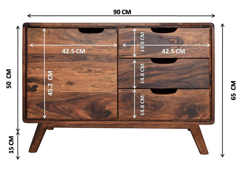 Suryavanshi Sheesham Wood 3 Drawer 1 Door Sideboard – Dark Wood with Natural Finish – Compact and Stylish Storage Furniture (Sheesham Wood, W90 D40 H65 cm)