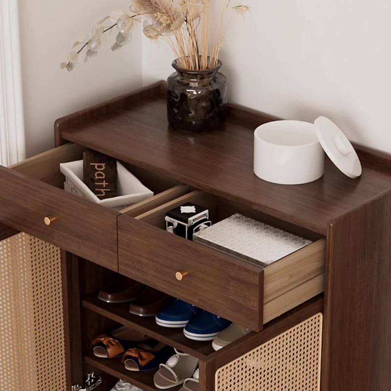 Suryavanshi Wooden Shoe Cabinet with Cane Webbing Doors, 2 Drawers, Open Shelf, Sheesham Wood
