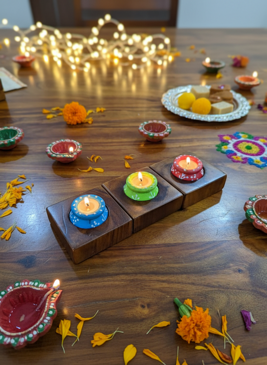 Wooden Set of 3 Candle Stands with Candles – Elegant Home & Festive Décor
