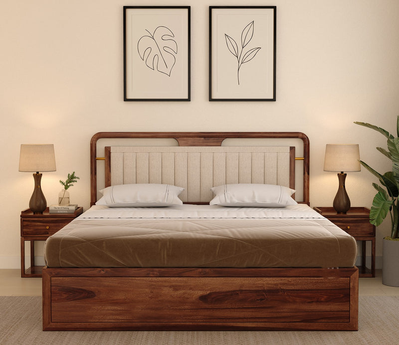Suryavanshi Sheesham Wood Bed with Upholstered Headboard & Drawer Storage - Honey [King Size]