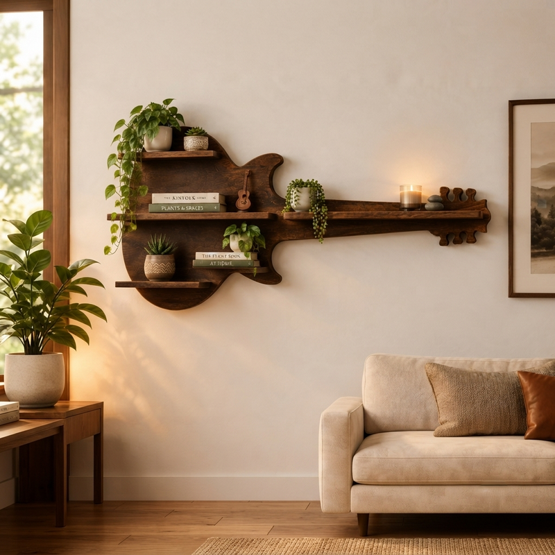 Suryavanshi Milan Guitar Shaped Wooden Floating Wall Shelf for Home Decor