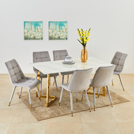 Suryavanshi Modern Marble Dining Table – Rectangular White Top with Gold Metal Legs, Elegant Kitchen & Dining Room Table, Contemporary Furniture for Home or Office, Space-Saving Design