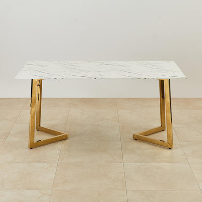 Suryavanshi Modern Marble Dining Table – Rectangular White Top with Gold Metal Legs, Elegant Kitchen & Dining Room Table, Contemporary Furniture for Home or Office, Space-Saving Design