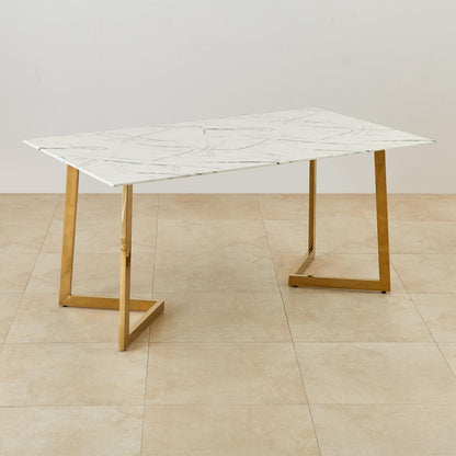 Suryavanshi Modern Marble Dining Table – Rectangular White Top with Gold Metal Legs, Elegant Kitchen & Dining Room Table, Contemporary Furniture for Home or Office, Space-Saving Design