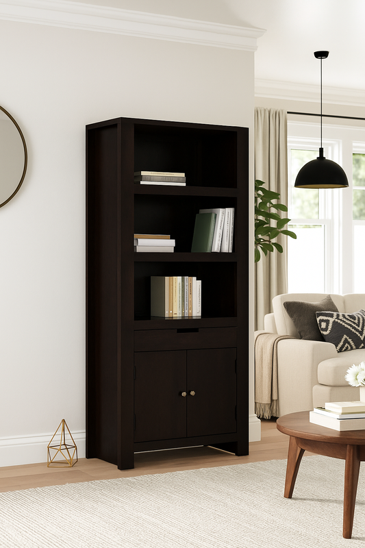 Astra Mango Wood Bookshelf with 3 Open Shelves, 1 Drawer & 2-Door Cabinet | Tall Storage Organizer for Living Room, Bedroom & Office(Dark Walnut Finish)