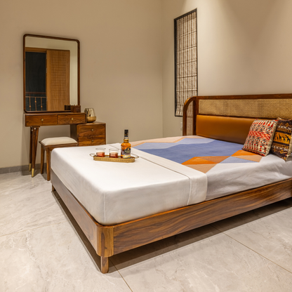 Elegant Solid Sheesham Wood King Size Bed with Handcrafted Cane & Upholstered Headboard (Size - 6*6.5 Foot)