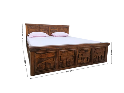 Suryavanshi Solid Sheesham Wood King Size Bed with Storage | Handcrafted Elephant Carving | Box Storage | Natural Finish | No Mattress Included