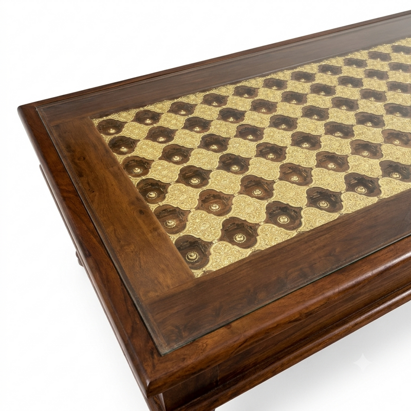 Stratford Sheesham Wood Center Table with Glass Top and Ornate Brass Work – Handcrafted Style
