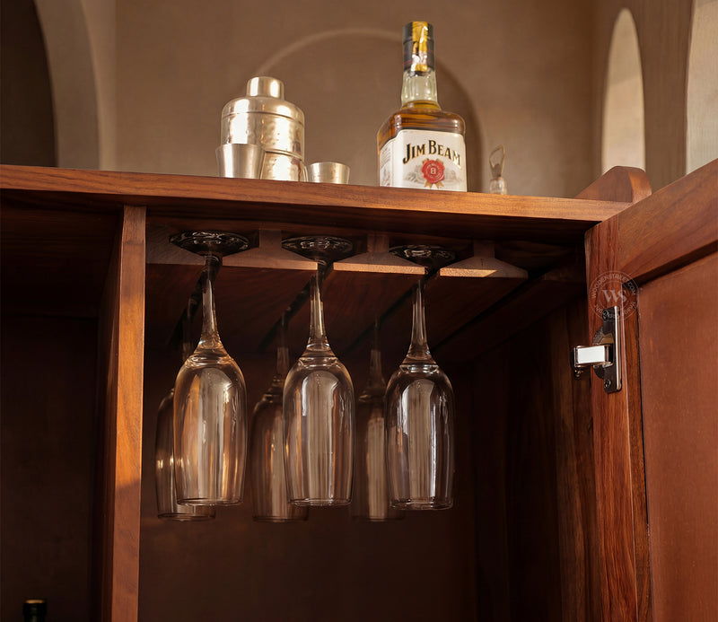 Suryavanshi Sheesham Wood Bar Cabinet with Natural Rattan Cane Doors, Brass Knobs & Brass-Capped Legs