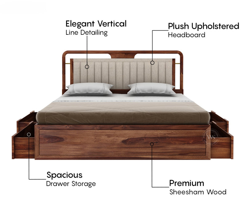 Suryavanshi Sheesham Wood Bed with Upholstered Headboard & Drawer Storage - Honey [King Size]