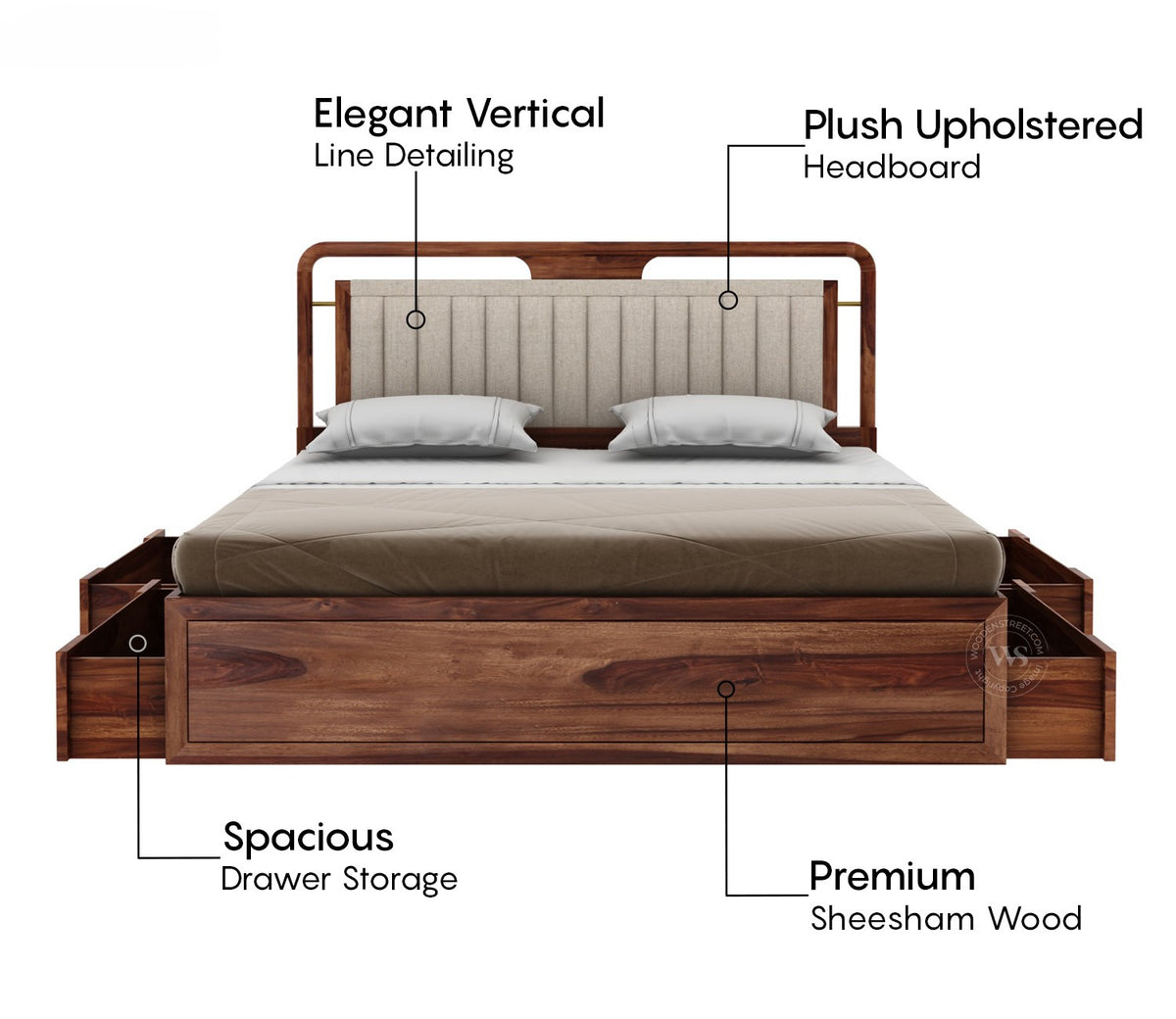 Suryavanshi Sheesham Wood Bed with Upholstered Headboard & Drawer Storage - Honey [King Size]