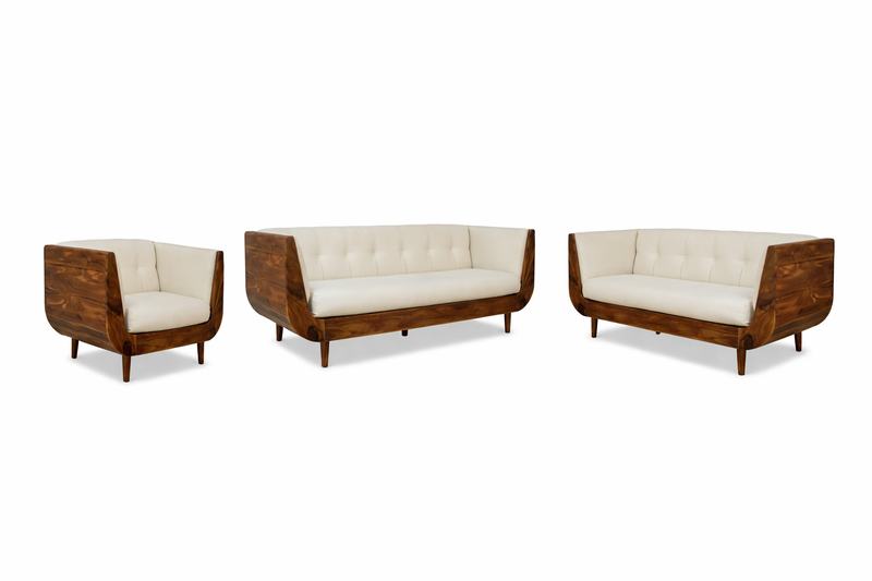 BOAT Sheesham Wood Sofa with Cream Velvet Upholstery – Modern Solid Wood 3-Seater (Honey Finish)