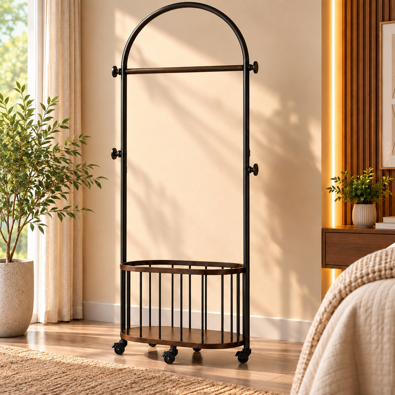 Hamilton - Modern Rolling Garment Rack with Wooden Storage Basket – Metal Clothes Organizer