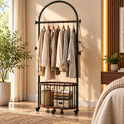 Hamilton - Modern Rolling Garment Rack with Wooden Storage Basket – Metal Clothes Organizer