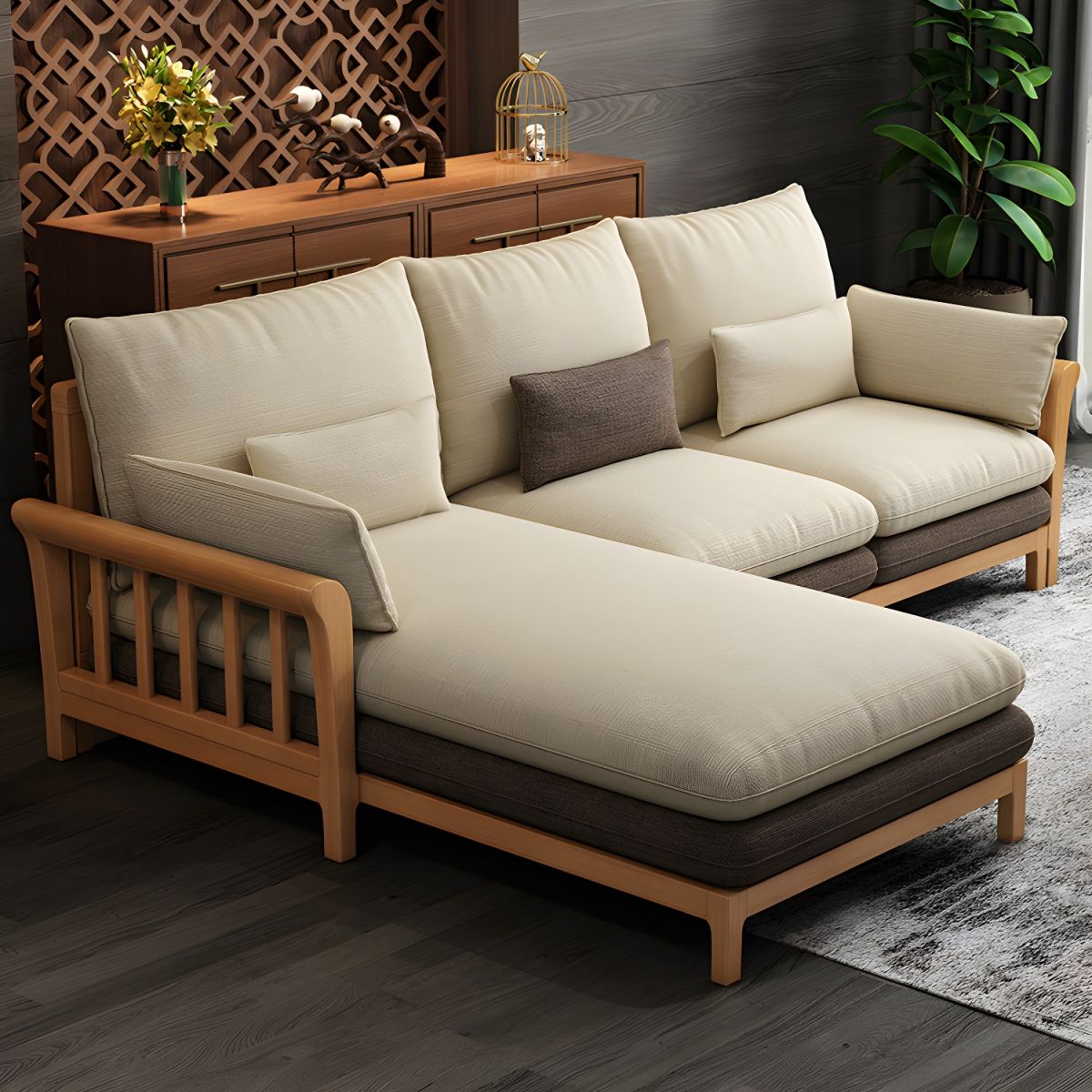 Suryavanshi ZenComfort Flared Arm Sectional Sofa, Removable Cushions with Wooden Legs