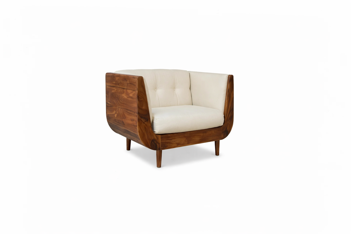 BOAT Sheesham Wood Sofa with Cream Velvet Upholstery - Sofa Set