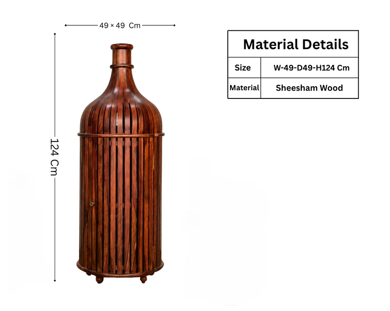 Sheesham Wood Bottle Shape Bar Cabinet with Glass Holder & Wine Storage- Small