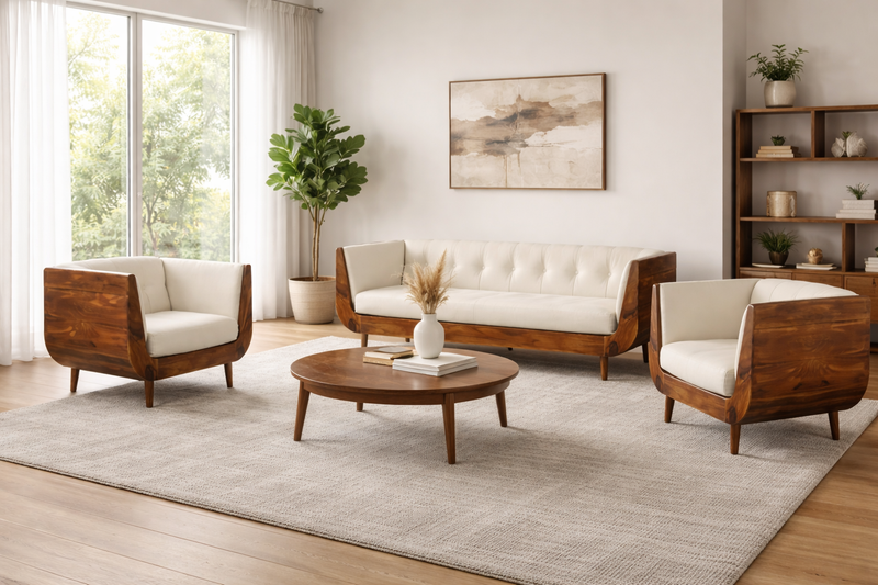 BOAT Sheesham Wood Sofa with Cream Velvet Upholstery – Modern Solid Wood 3-Seater (Honey Finish)