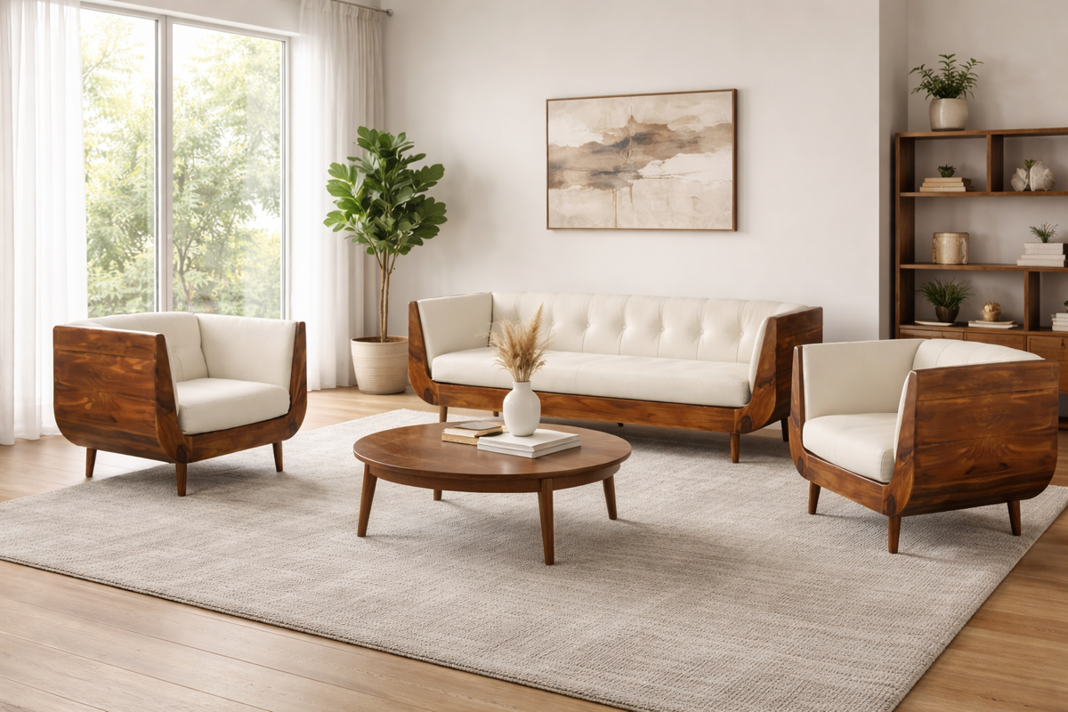BOAT Sheesham Wood Sofa with Cream Velvet Upholstery - Sofa Set
