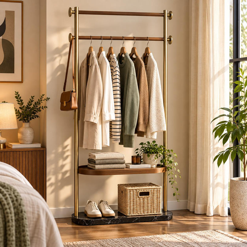 Verona - Metal & Mengo Wood Garment Rack with Marble Base and Wooden Shelf
