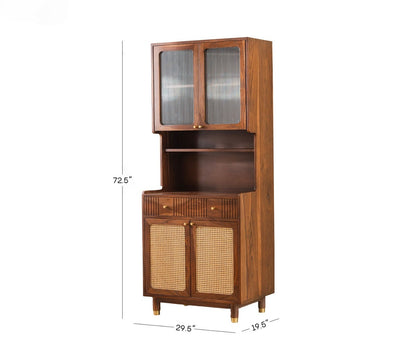 Artisan Small Kitchen Cabinet with Fluted Glass, Cane Weave & Brass Knobs