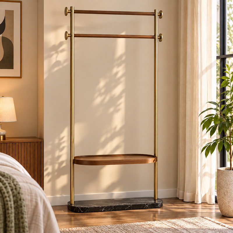Verona - Metal & Mengo Wood Garment Rack with Marble Base and Wooden Shelf