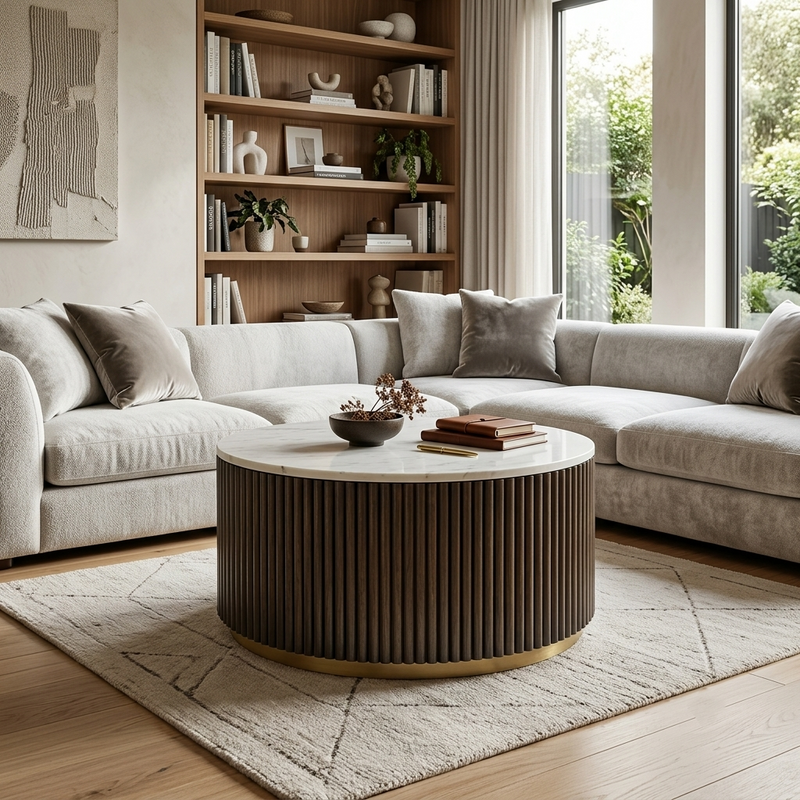 Kelby Solid Wood Round Coffee Table with Fluted Base, Brass Finish & Marble Top