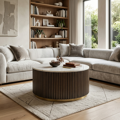 Kelby Solid Wood Round Coffee Table with Fluted Base, Brass Finish & Marble Top
