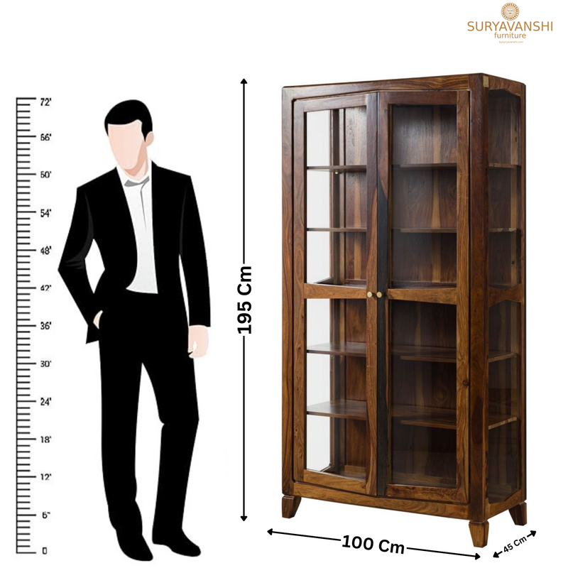 Suryavanshi Sheesham Wood and Glass Display Cabinet with 6 Shelves (Sheesham Wood-Glass, (W100 x D45 x H195 cm)