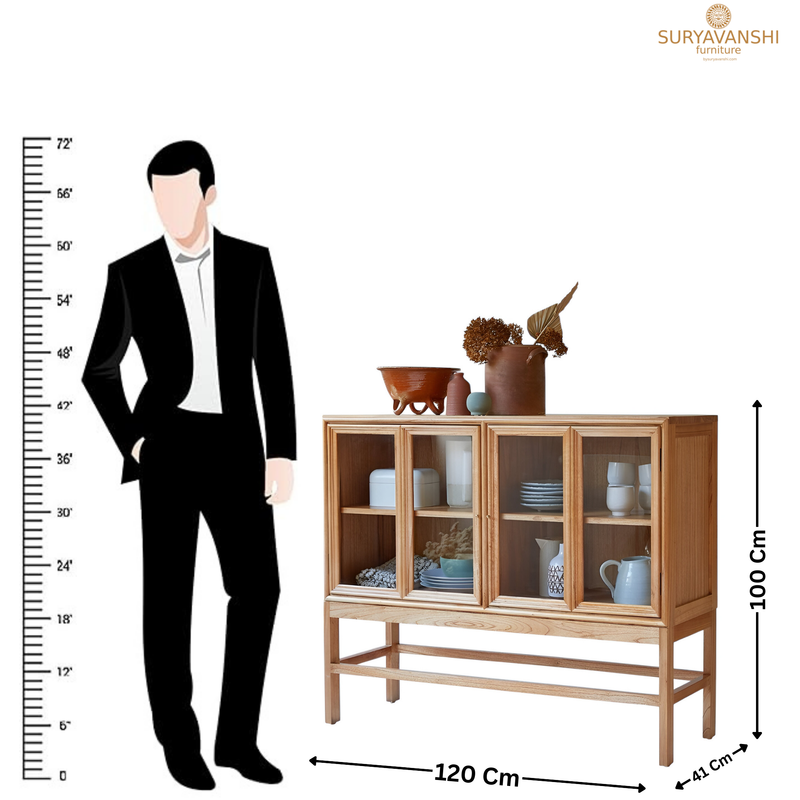 Suryavanshi Mango Wood Display Cabinet – Glass Door, Versatile Crockery Cabinet (Art Deco, W120 D41 H100 cm)