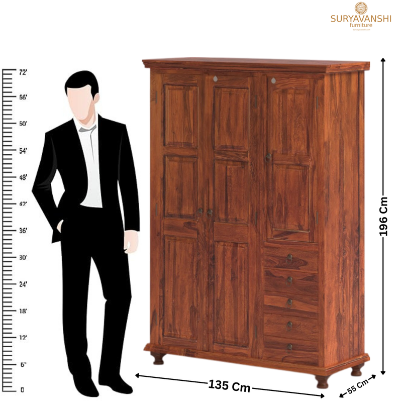 Suryavanshi Sheesham Wood 3-Door, 5-Drawers Wardrobe (W135 x D55 x H196 cm)