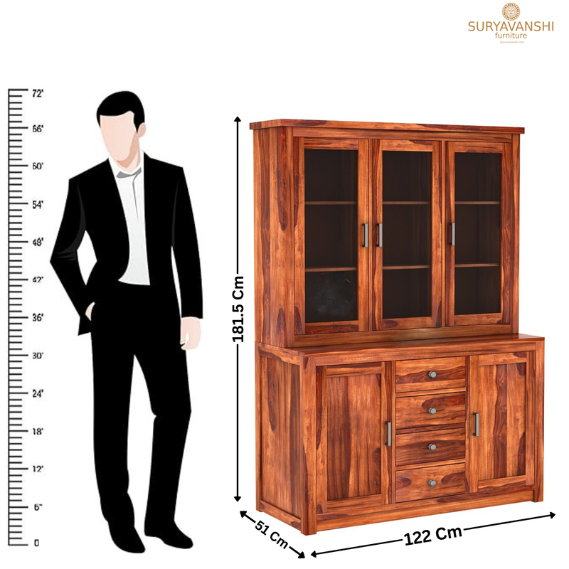 Suryavanshi Furniture Sheesham Wood Kitchen Buffet | Hutch Cabinet : Elegant Storage Solution with Glass Doors and Drawers | Crockery Cabinet | Natural Finish