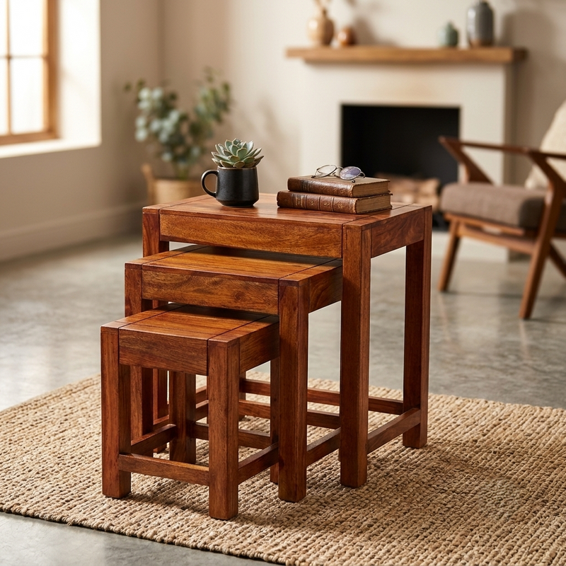 Sheesham Wood Nesting Tables Set of 3 – Space-Saving Side Tables in Honey Finish
