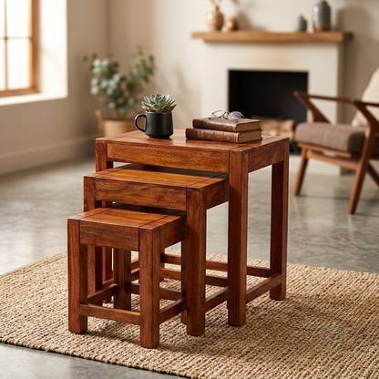 Sheesham Wood Nesting Tables Set of 3 – Space-Saving Side Tables in Honey Finish