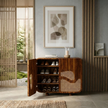 Sheesham Wood Modern Shoe Cabinet with Cane Rattan Doors, Wave Design Storage