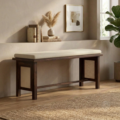 Sheesham Wood Bench with Cream Upholstered Seat & Woven Cane Panels