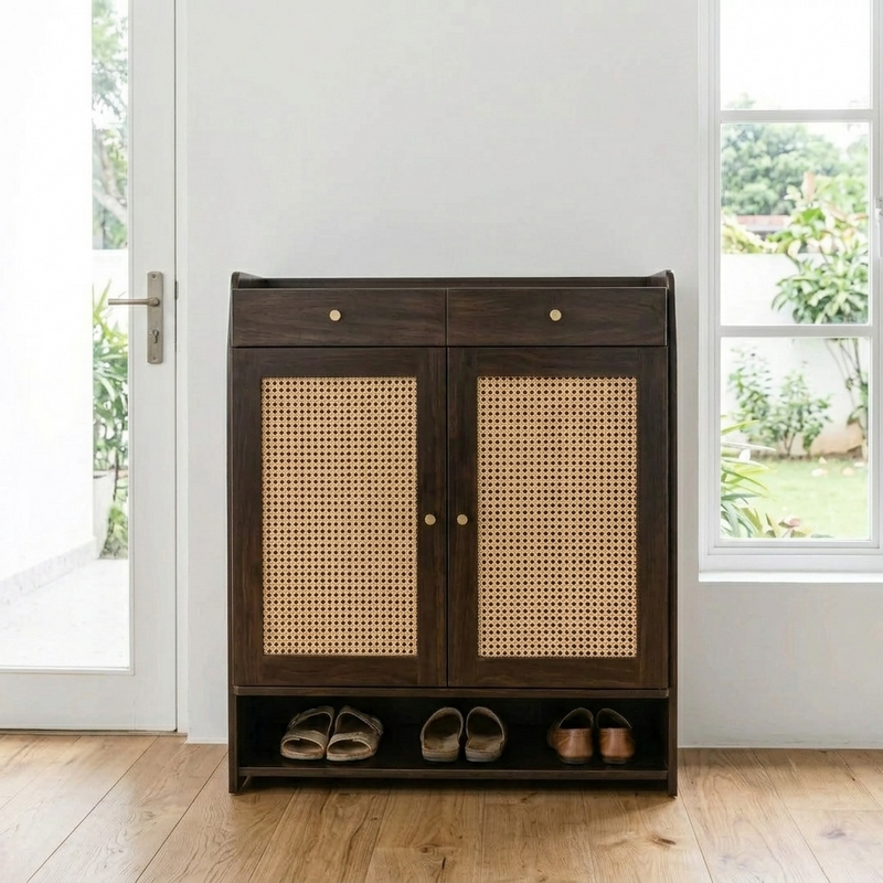 Suryavanshi Wooden Shoe Cabinet with Cane Webbing Doors, 2 Drawers, Open Shelf, Sheesham Wood