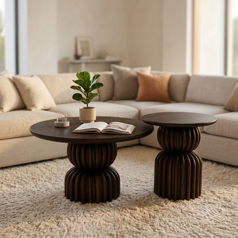 Sheesham Wood Nesting Coffee Tables Set of 2 - Sculptural Ribbed Pedestal Base