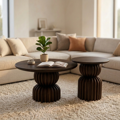 Sheesham Wood Nesting Coffee Tables Set of 2 - Sculptural Ribbed Pedestal Base
