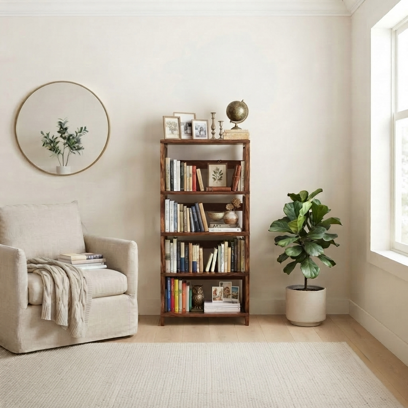 Suryavanshi Oxford Handcrafted Sheesham Wood Small Open Bookshelf – Honey Finish | 4-Tier Book Rack