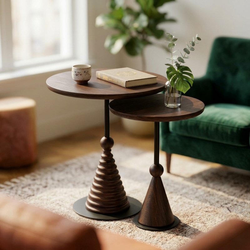 Sheesham Wood Round Nesting Side Tables Set of 2 with Black Metal Details