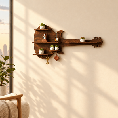 Suryavanshi Milan Guitar Shaped Wooden Floating Wall Shelf for Home Decor